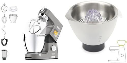 Kenwood KWL90.034SI Impastatrice Planetaria Titanium Chef Patissier XL con Ciotola EasyWarm da 7L & AT312 - Accessorio Spremiagrumi per Impastatrice Planetaria, 0.6 L, Bianco/Argento
