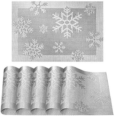 6er Platzdeckchen weihnachtlich platzsets Eageroo Tischmatten aus PVC Abgrifffeste Hitzebeständig Abwaschbar WeihnachtenTischsets (6er Platzsets, Weihnachtliche -Silber)
