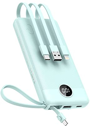 VEEKTOMX Power Bank with Built-in Cables, USB C Portable Charger with 5 Outputs and LED Display, External Battery Bank for iPhone, iPad, Samsung Galaxy and Other Smart Devices(10000mAh-Blue)