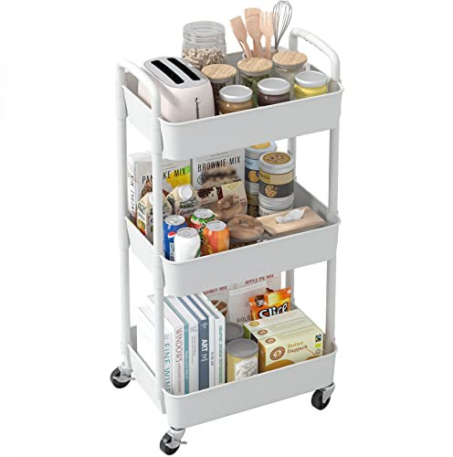 Sywhitta 3-tier Storage Rack on Wheels, Kitchen & Office Utility Cart, Rolling Rack for Bedroom & Bathroom, White