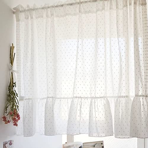 A.Monamour Gardine Scheibengardinen Kurzstores Halbtransparenter Weißer Voile Tüll Chiffon Pompon mit Rüschen Kurzgardinen Küchengardine Küchenvorhang Küche Fenster Kurz Vorhang Stores Bistrogardine