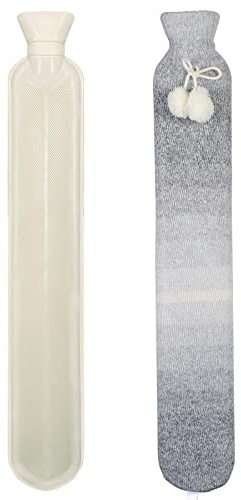 KJLEEN Lange Wärmflasche mit Bezug 2 Liter Groß Wärmflasche Schlauch Soft Strickabdeckung Schlauchwärmflasche für Nacken Schulter Rücken Beine Warm im Winter 72 cm (Grau)