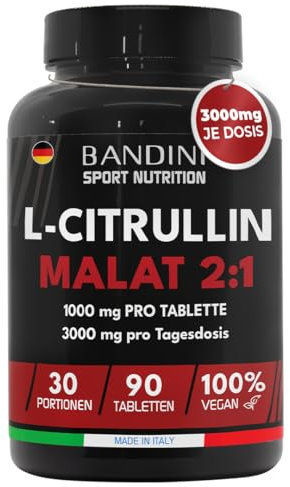 Bandini® L-CITRULLINE MALATE 90 Comprimés (3000mg par Portion) - Dosage Extra Élevé (1000mg par Comprimé) - L Citrullin de Fermentation Pure - Métabolisme Énergétique, Booster Musculation et Fitness