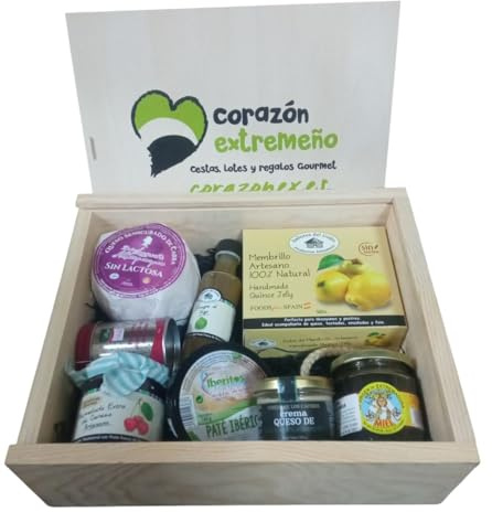 Caja Lote Regalo Gourmet Sin Gluten Queso Semicurado Cabra, Vinagre al Higo, Membrillo Artesano, Pimiento Ahumado, Mermelada Cereza, Pate Ibérico, Crema de Queso y más Caja de Madera CORAZON EXTREMEÑO