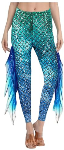 ranrann Damen Meerjungfrau Leggings Skinny Tights Lange Hose Pants Leggins Fisch Schuppen Druck mit Flosse Fasching Karneval Kostüm