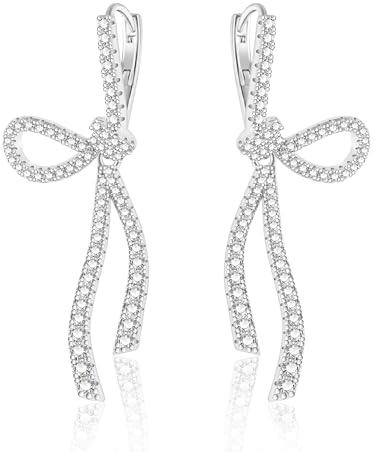 Silber Creolen Ohrringe lange Bogen, ASH'S CHOICE Bow Earrings Silber Ohrringe Schleifen für Damen, Ohrringe Hängende Silber Bogen Groß Tropfen Ohrringe Glitz Creolen mit AAA+ Strass Zirkon Kristall