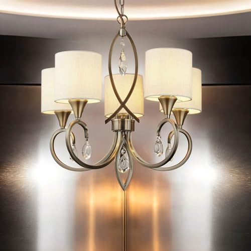 Licht-Erlebnisse Kronleuchter Messing Antik Natur Ø 52 cm 5-flammig E14 Stoff Metall Klassisch Hängelampe Wohnzimmer Hängeleuchte Esszimmer