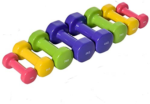 HOMCOM Set 8 Manubri da 20 kg con Design Esagonale, Pesi da Palestra in Acciaio e PU da 2x1kg, 2x2kg, 2x3kg, 2x4kg, Multicolore