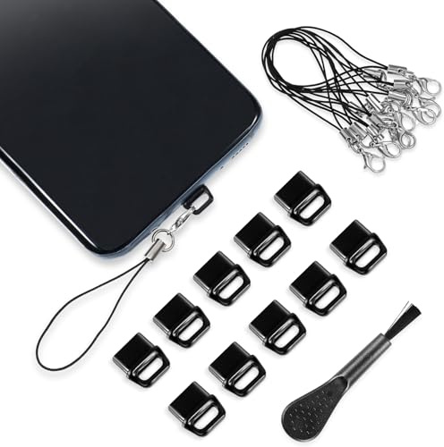 AOZUO 10pcs Dust Plug Cover, USB C Type C Dust Cover Anti Dust Plug Charging Port Protector Cap with Easy-Grip Tab Lanyard and Cleaning Brush Compatible with Most Mobile Phone Devices