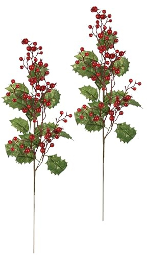 Ilexramita artificial con bayas, juego de 2 unidades, 64 cm, rama de bayas, ramas decorativas grandes, ramas artificiales para coronas de Adviento, guirnaldas, jarrones de suelo, decoración de