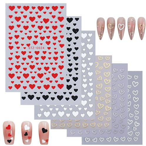 Heart Nail Stickers,6 Sheets Valentine's Day Love Heart Nail Art Stickers Self-Adhesive,Gold Silver Black White Red Nail Art Decorations Nail Decals for Manicure Design Accessories (Multicolor A)
