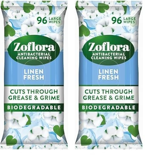 Zoflora Linen Fresh Antibacterial Biodegradable Wipes, 1 x 96 Wipes, Multi-Surface Cleaning Wipes, Kills 99.9% of Bacteria & Viruses, Fresh Laundry Scent (Pack of 2)