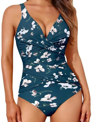 Angxiwan Prime of Day Deals 2025 One Piece Swimming Costume Women Tummy Control Slimming Swimwear Casual Front Cross V Neck Bathing Suits Adjustable Strap Women Swimming Costume
