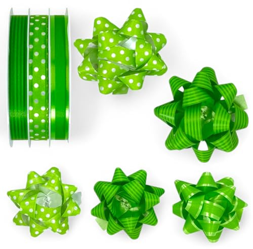 Set Ringelband Polyband Geschenk-Band Geschenkschleifen zum Basteln und Verpacken - glänzend & matt sortiert (Grün, 3 Rollen Geschenkband + 5 Geschenkschleifen)