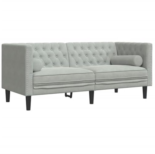 Generisch Kangmusi Chesterfield-Sofa mit Nackenrollen 2-Sitzer Hellgrau Samt, Grau 372683