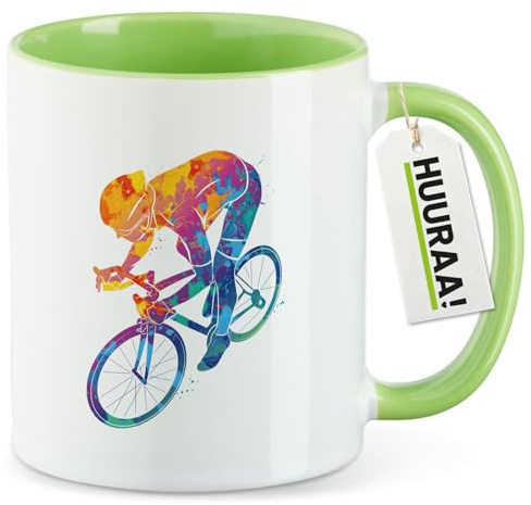Huuraa Kaffeetasse Radsport bunte Silhouette Geschenk | Motivtasse 330ml Grün Keramik Tasse mit Spruch Kaffeebecher Geschenkidee Becher mit Motiv