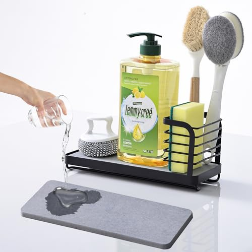 sapisecret Spülbecken Organizer Küche mit Schnelltrocknender Diatomit Platte – Schwarz Edelstahl Küchenspüle Organizer für Spülmittel, Schwämme, Küchenutensilien (Waschbecken/Spüle Organizer)