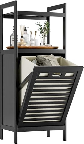 HITNET Tilt Out Laundry Hamper, Bamboo Bathroom Cabinet with Pull Out Removable Bag and 2 Tier Storage Shelves, 32L Clothes Basket with Metal Handle, Black