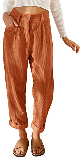 Cordhose Damen Casual Pants High Waist Corduroy Lockere Bequeme Freizeithose Einfarbig Stretch Gerades Bein Cord Hose Outdoor Elastische Taille Cordjeans Mit Taschen Und Gürtelschlaufen,S-Xxl