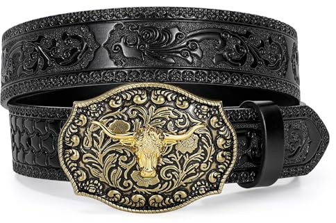 WERFORU Ceinture Cowboy en Cuir pour Hommes - Ceinture Western Homme Avec Boucle Taureau et Gravure Florale pour Jeans