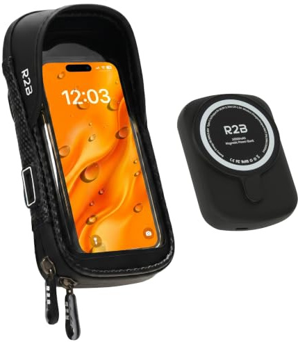 R2B Wasserdichte Handyhalterung Fahrrad mit Powerbank passend für Magsafe - Mit Zusätzlichem Staufach, Telefonhalter für Mountainbikes, Motorrad und Kinderwagen, 360-Grad-Rotationsfunktion, Einfache