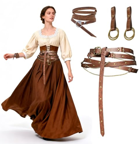 RoserRose Mittelalter Gürtel Damen mit Kette, Mittelalterlicher Kunstleder-Metallkettengürtel, Verstellbarer Mittelalter Accessoires Damen, inkl. Armband & Verschluss, Für Kostüm & Alltag(Braun)