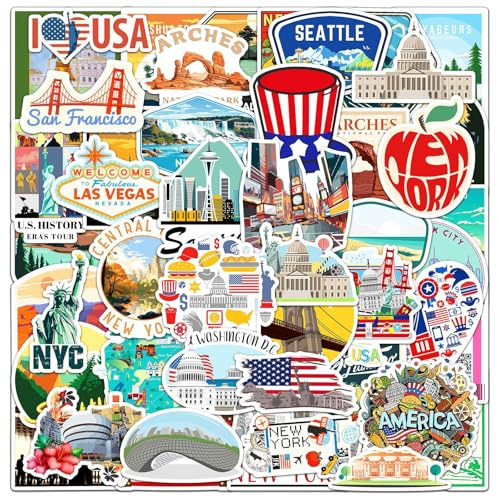 Bamyli 50 Stück USA Reise Sticker Set, Aesthetic Scrapbook Zubehör für Fotoalben, Laptops & Journale, Wasserfeste Aufkleber für Urlaub, New York & Reiseerinnerungen (Verschiedene Designs)