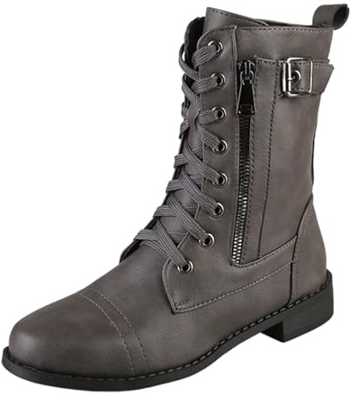 Botas de motociclista con hebilla para mujer, botas de cuero para mujer, con hebilla, con cordones, cremallera lateral, impermeables, botas de motocicleta de cuero negro, botas planas clásicas para