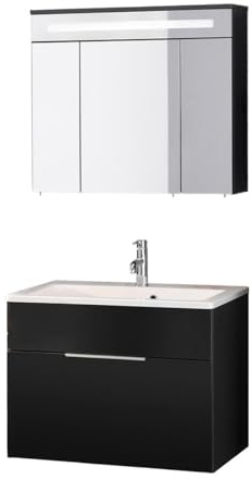 FACKELMANN Kara 3-teiliges Badmöbel Set – Modernes Design, Anthrazit, Inkl. Waschtisch, Gussmarmorbecken & Spiegelschrank mit LED – Made in Germany