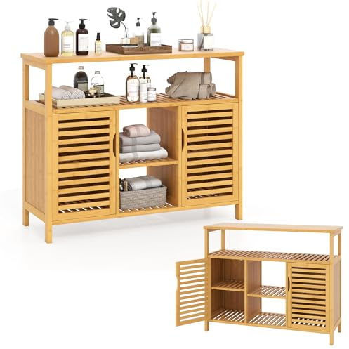 KOMFOTTEU Armoire de Salle de Bain en Bambou, 100 x 35 x 80 cm Naturel | Meuble de Salle de Bain sur Pied avec Étagère ouverte, 2 Portes à Lamelles, Meuble Rangement , pour Salon, Cuisine, Chambre