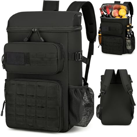 Outplea Mochila Nevera Táctica, Mochila Térmica de 30 Latas Aislada y a Prueba de Fugas, 30L Bolsa de Picnic Impermeable para Playa Almuerzo Picnics Senderismo, Negro