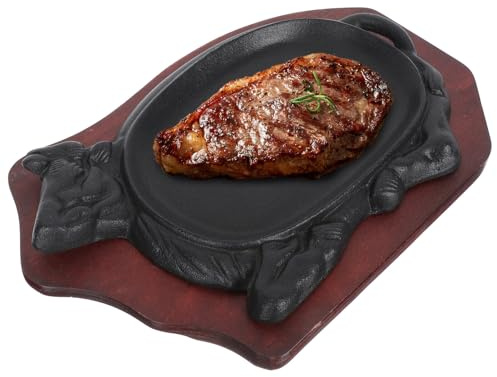 AUTSUPPL Plaque de Grill Fonte pour Steak avec Support Bois Poêle Antiadhésive pour Cuisson Uniforme Barbecue et Grillades à Domicile