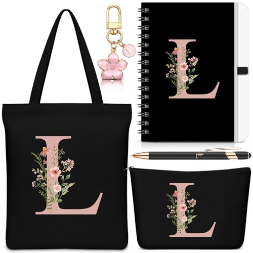 Hestya 5 Pcs Buchstaben Geschenkset Initial Geschenk mit Tragetasche Kosmetiktasche Schlüsselanhänger Notizbuchkugelschreiber Alphabet Set für Frauen, Geburtstag, Weihnachten