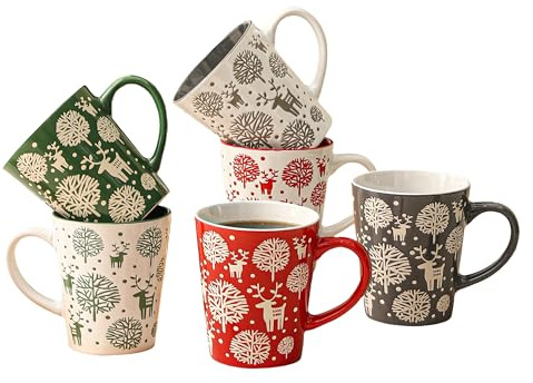 simpa 6PC Christmas Reindeer Stoneware Mug Set. Volume 350ml. Dishwasher & Microwave Safe.