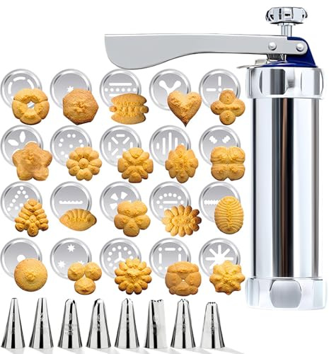28-Teilig Gebäckpresse Edelstahl, Cookie Press, Selbstgemachte Keks-Maschine, Aluminiumlegierung Silber Keksmaschine, Eigpresse Für Diy Küche Familienbacken 20 Formscheiben 8 Edelstahl Spritztüllen