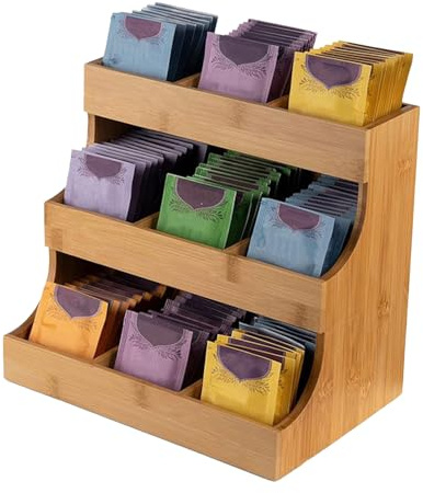Porta bustine di tè, organizer in legno a 3 ripiani per una cucina ordinata, multi scomparto con funzione cassetto scorrevole, supporto organizer per tè per casa, dispensa, ufficio, caffetteria, bar