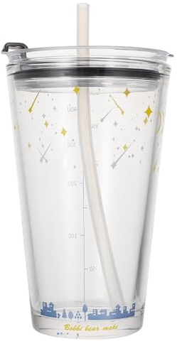 NOLITOY Taza de Vidrio con Pajita y Medidor para Leche y Desayuno Base Estable Resistente y Reutilizable para Hogar y Hostelería