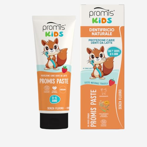 Promis Paste Kids - Dentifricio Bambini Senza Fluoro 0–6 Anni, Anti-Carie con Idrossiapatite, Naturale e Bio, Sicuro Se Ingerito, Gusto Fragola, per Denti Da Latte