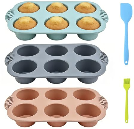Muffin Backform Silikon, 3 Stück Muffinblech 6er mit Backpinsel und Schaber | Groß Silikon Muffinform für Cupcakes Brownies Kuchen Pudding (Grau Rosa Pfauenblau)