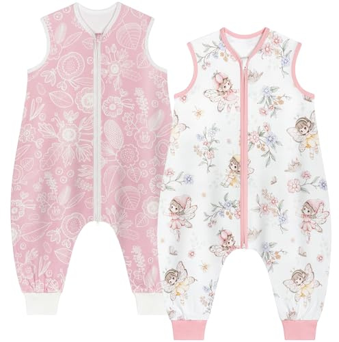 Yukkidds Baby Schlafsack Sommer mit Füßen 0.5 TOG 2er Pack, Sommerschlafsack kinder mit Beinen 100% Baumwolle für 6-18 Monate Jungen und Mädchen, 70 cm Rosa Fee