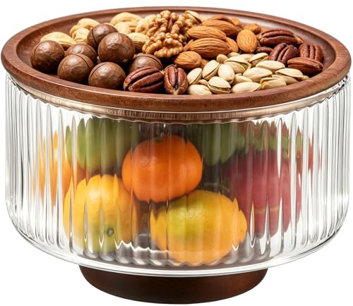 Skdqiee Small Ribbed Glass Salad Bowl with Acacia Wood Lid, 6.9 x 4.7 in Clear Glass Fruit Bowl, Elegant Decorative Serving Dish for Living Decor, Kitchen Countertop Organized, Parties, Presents
