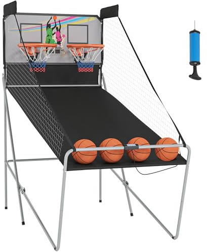 HOMCOM Jeu de Basketball Arcade Pliable à 2 Panier 4 balles Pompe de gonflage, Panier de Basketball avec système de pointage, 4 Bouton Fonctionnement et 8 Modes de Jeux, 205x110x205cm, Noir et Blanc