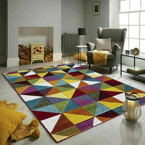 Online Bedding Store. New Bold & Beautiful Multi Bright Colour Carved Floor Rugs in Choice of Design and Colour Small- Large …(Geometric Triangle, 60cm x 110cm)