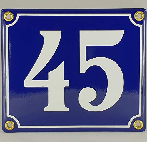 Hausnummer Emaille Schild Nr. 45 Blau-Weiß Handarbeit