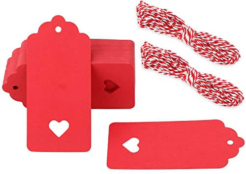 G2PLUS 100PCS Etichette Regalo,Etichette in Carta Kraft,Etichette Kraft Etichette per Bottiglie 4x9CM Tag Regalo con Spago per Matrimoni Compleanni e Natale (Rosso)