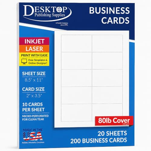 Bulk Size Heavyweight White Blank Business Card Paper - 20 Sheets / 200 Business Cards - 80lb Cover (218 gsm) - Inkjet & Laser Printer Compatible - Standard 3.5 x 2 Inches