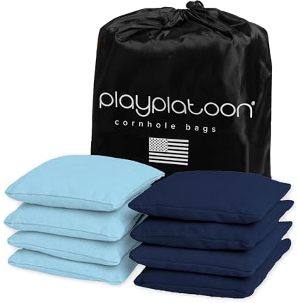 Play Platoon Weather Resistant Cornhole Bags - Set of 8 Regulation Corn Hole - Sky Blue & Navy Blue - Durable Duck Cloth Corn Hole for Tossing Game, Includes Tote Bag