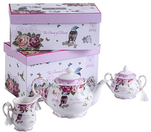 London Boutique Porzellan-Teekannen-Set, Teekanne, Zuckerdose und Milchkännchen, Shabby Chic, Vintage, Blumenmuster, in Geschenkbox (Vogelrose, Schmetterling)