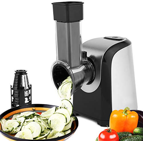 COOCHEER Rallador Electrico, Cortador de Verduras y Fruta Eléctrico 150W con 5 Accesorios y Tubo de Alimentación Grande,para Sus Verduras y Fruta, Sin BPA