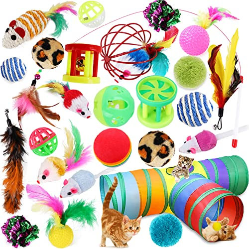 SaiXuan 27 Stück Katzen Spielzeug Katzenspielzeug Set mit Katzentunnel, Bälle, Federspielzeug, Plüschspielzeug, Spielzeugmäuse Katzen Spielzeug Variety Pack für Kitty Katzen